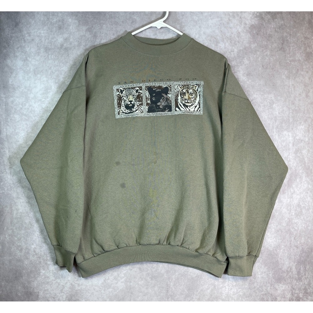 VINTAGE San Diego Zoo Sweatshirt Mens XL Green Pullover Panthers Cats USA 90s